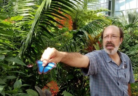 Dr. Jaret Daniels holds butterfly during Butterfly Rainforest field trip. Photo by Gail Taylor.