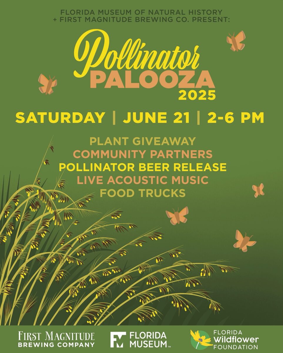 Event poster for Pollinator Palooza 2025, with event details, yellow text, flowers, grasses, and flying bees on a green background.
