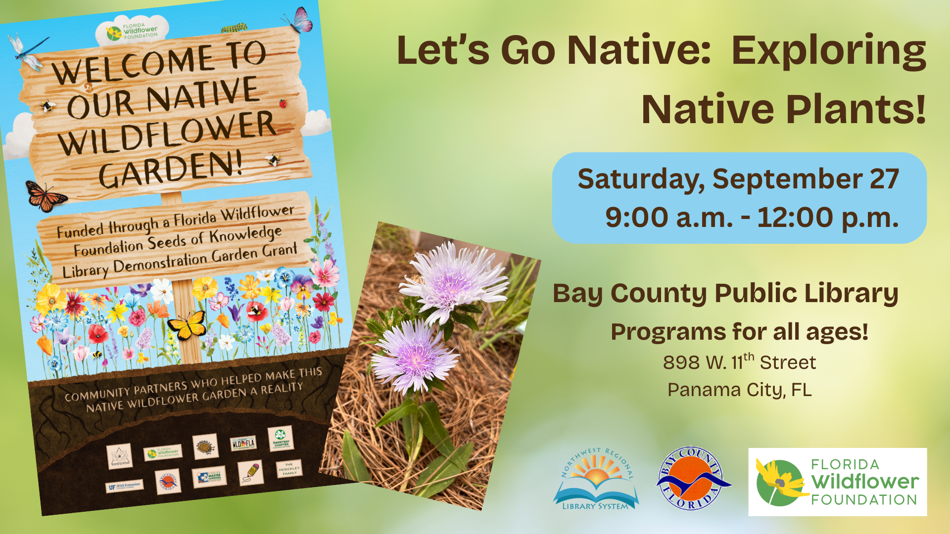 Flyer for a native wildflower garden event at Bay County Public Library on September 27, 9 a.m.–12 p.m., featuring native plant programs for all ages, with sponsor logos.