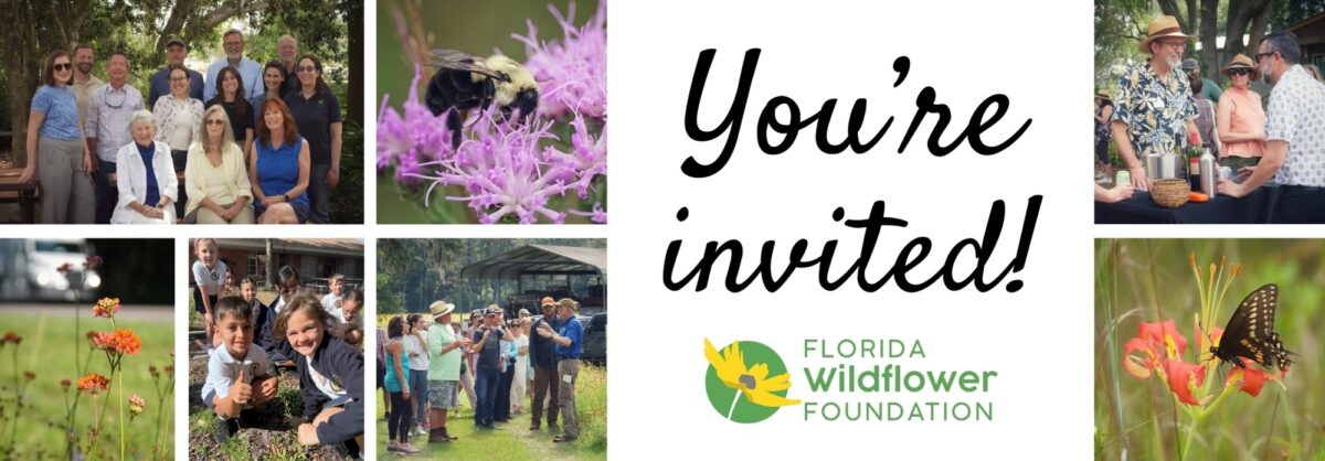 Florida Wildflower Foundation event invitation with photos of people outdoors, wildflowers, a bee, and a butterfly. Text: Youre invited! with the foundations logo.