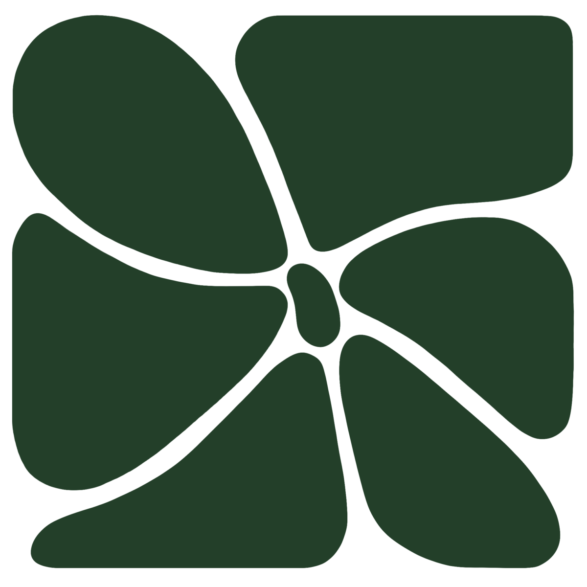 A geometric design featuring six dark green, irregular shapes arranged symmetrically around a central oval on a white background.