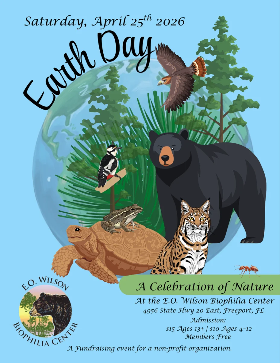 Earth Day event poster featuring illustrations of a bear, bobcat, hawk, woodpecker, tortoise, and snake in front of a globe, with event details at the E.O. Wilson Biophilia Center.