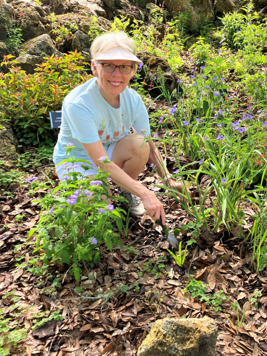 A woman wearing glasses, a visor, and a light blue shirt kneels in a garden, using a gardening tool among green plants and purple flowers.