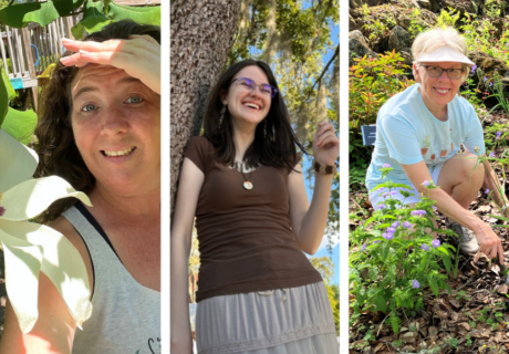 Three women outdoors: one posing with a large flower, one standing and smiling by a tree, and one squatting in a garden with purple flowers, all on a sunny day.