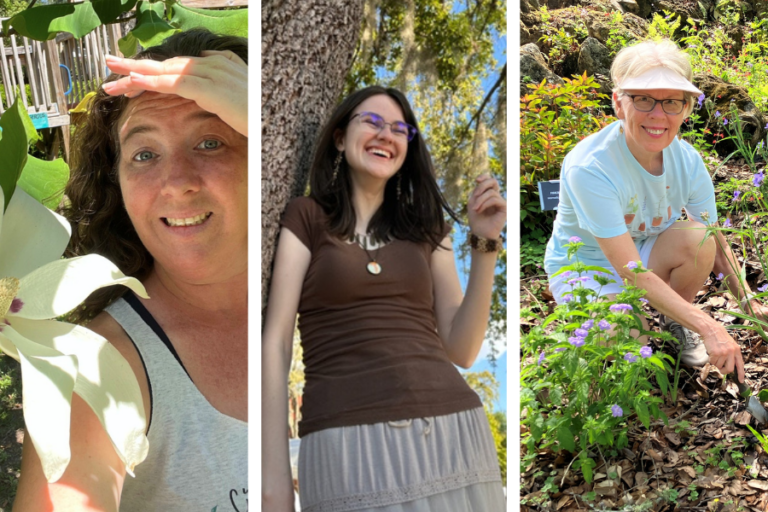 Three women outdoors: one posing with a large flower, one standing and smiling by a tree, and one squatting in a garden with purple flowers, all on a sunny day.