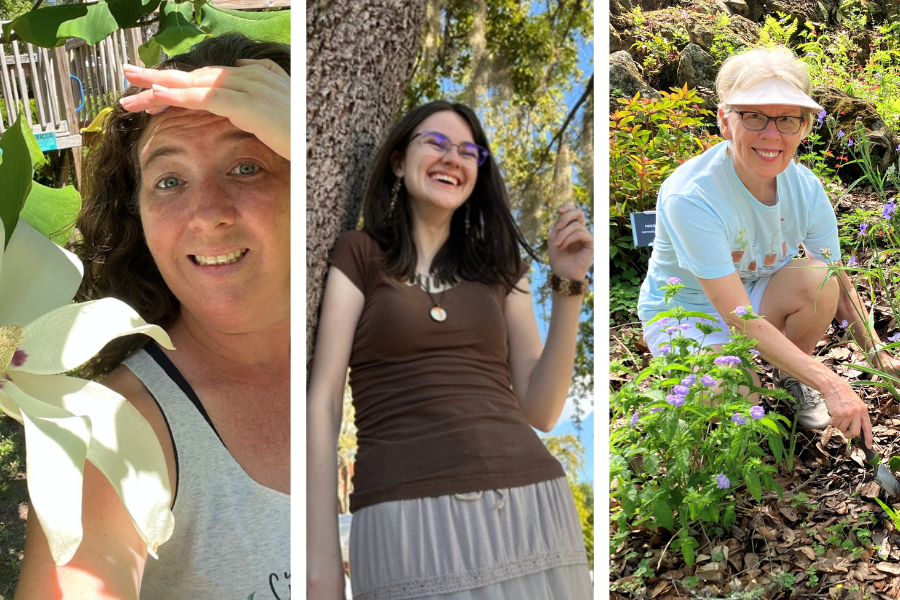 Three women outdoors: one posing with a large flower, one standing and smiling by a tree, and one squatting in a garden with purple flowers, all on a sunny day.