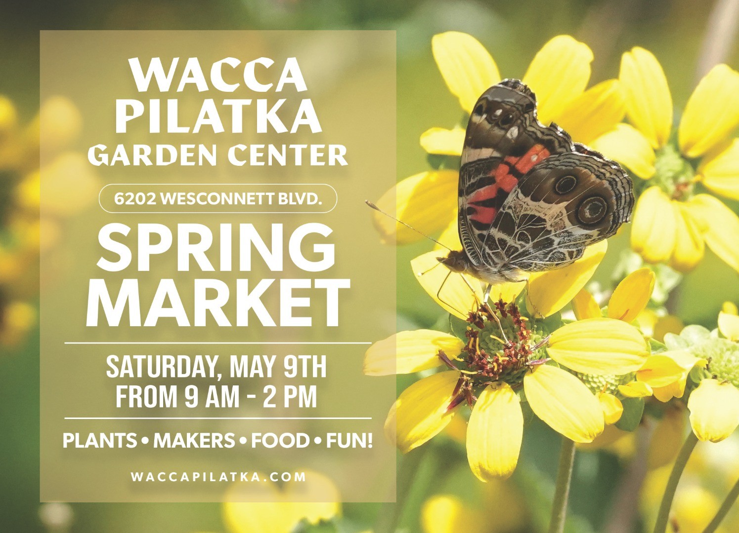 A butterfly perched on yellow flowers with text advertising Wacca Pilatka Garden Centers Spring Market on Saturday, May 9th, from 9 AM to 2 PM.