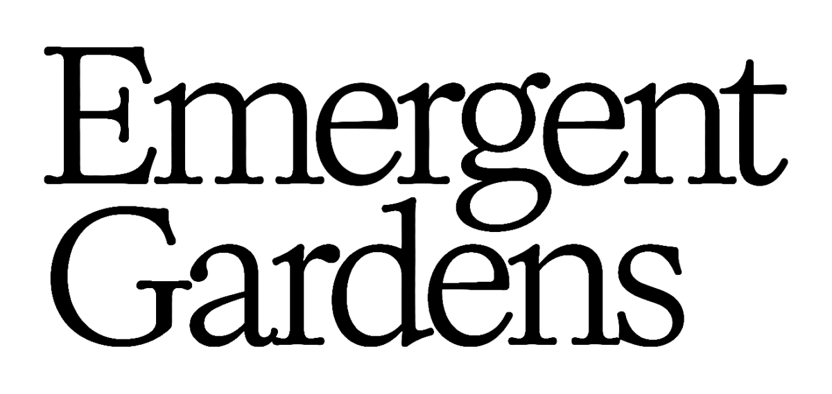 The words Emergent Gardens are displayed in large, bold, black serif font on a light background.