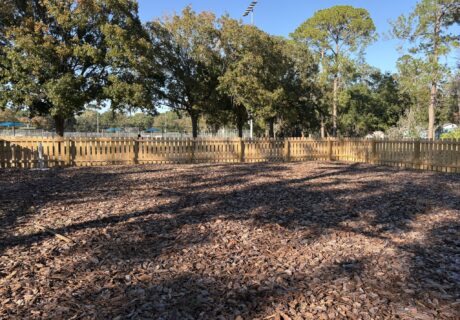 A fenced outdoor area covered with wood chips, surrounded by trees under a clear blue sky.
