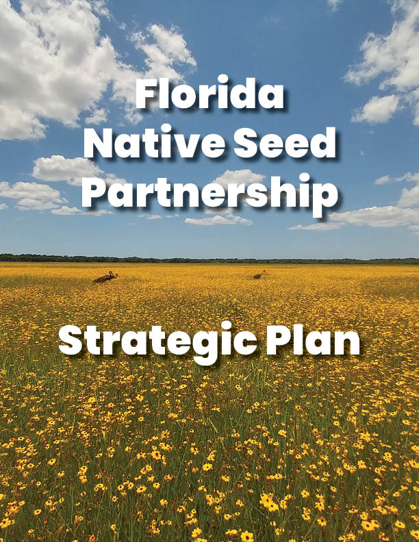 A wide field of yellow wildflowers under a blue sky with clouds, with text reading Florida Native Seed Partnership Strategic Plan.