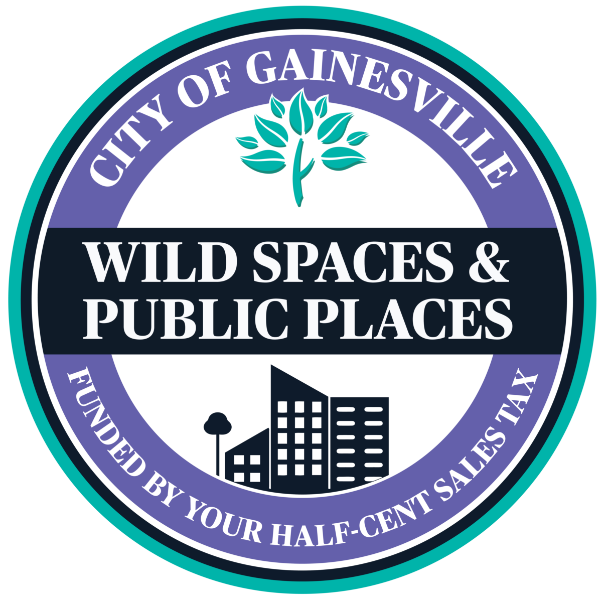 Circular logo for the City of Gainesvilles Wild Spaces & Public Places program, featuring a tree, buildings, and text about funding by a half-cent sales tax.