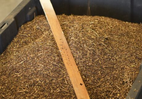 A close-up view of a black container filled with dried, shredded plant material, divided by a wooden plank.