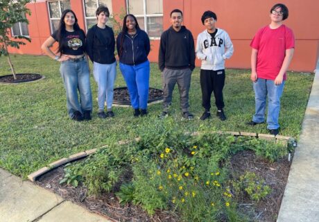 Six people stand behind a small garden bed with yellow flowers, outside near a building with red-orange walls.
