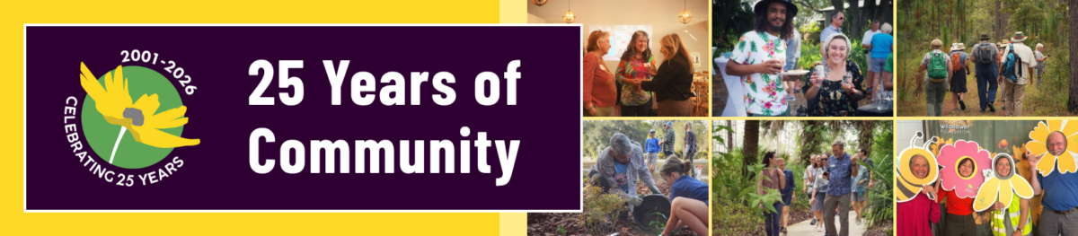 Banner says 25 Years of Community with a 25-year emblem and collage of people hiking, gardening, socializing, and wearing flower costumes.