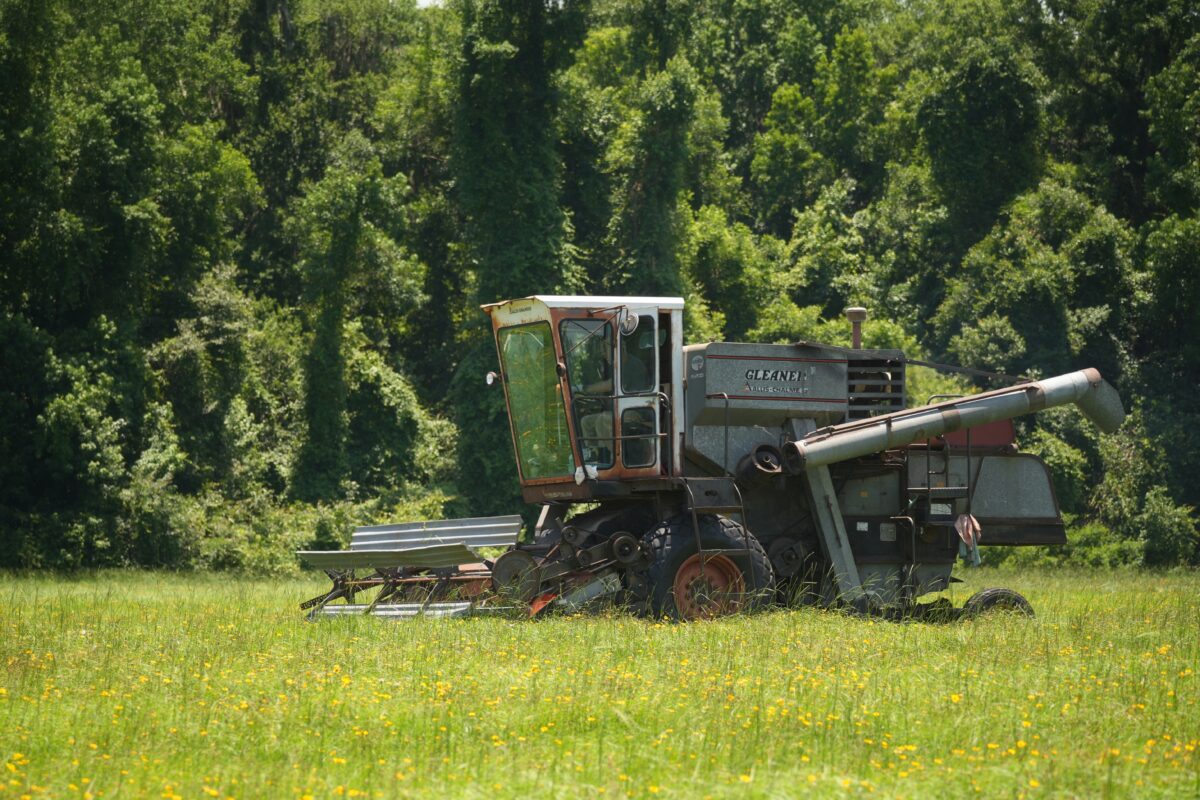 A gray combine harvester sits idle in a grassy field with dense, green trees in the background.