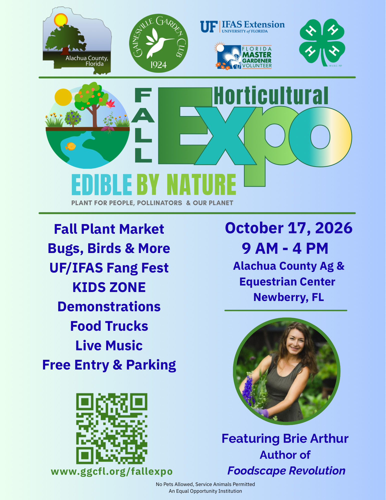 Flyer for the Fall Horticultural Expo on October 17, 2026, in Newberry, FL, listing event details and featuring a photo of guest speaker Brie Arthur.