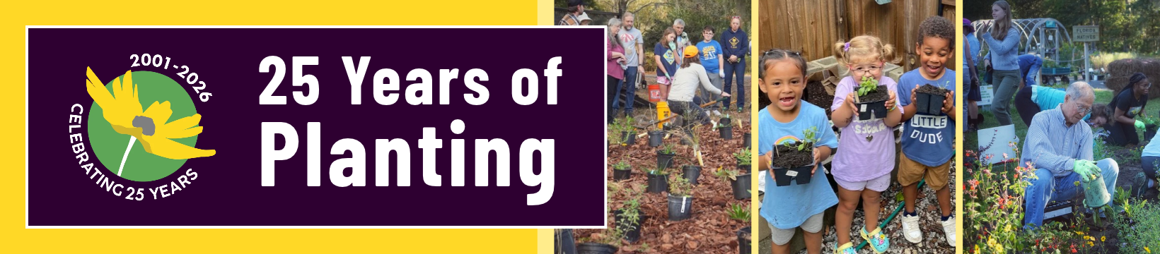 Banner with a yellow bird and text 25 Years of Planting. Photos show adults and children planting and holding seedlings in an outdoor community setting.