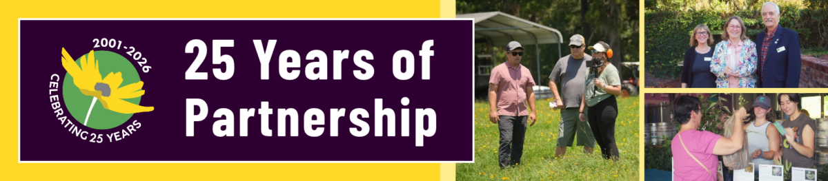 Banner with 25 Years of Partnership and Celebrating 25 Years 2001-2026 next to photos of people outdoors and smiling in groups at an event.