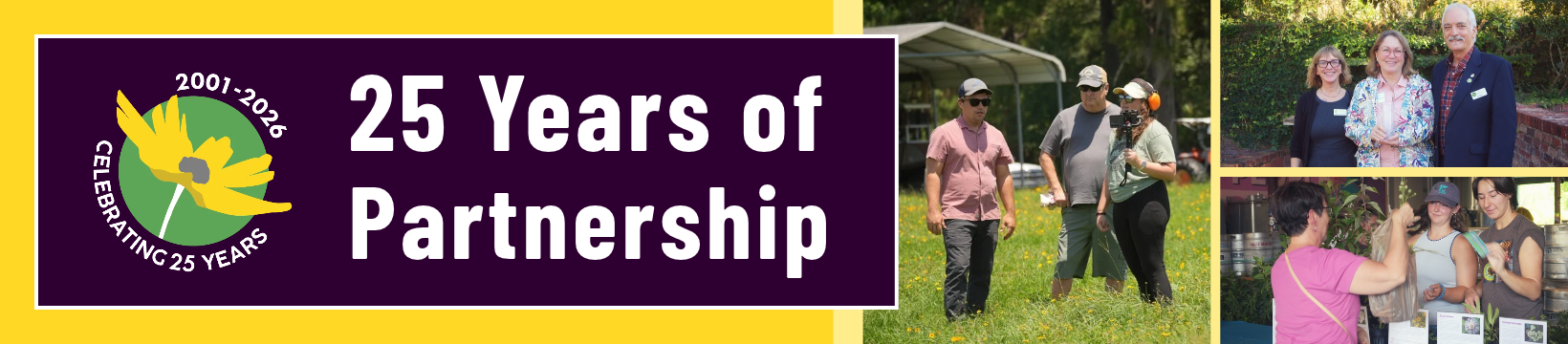 Banner with 25 Years of Partnership and Celebrating 25 Years 2001-2026 next to photos of people outdoors and smiling in groups at an event.
