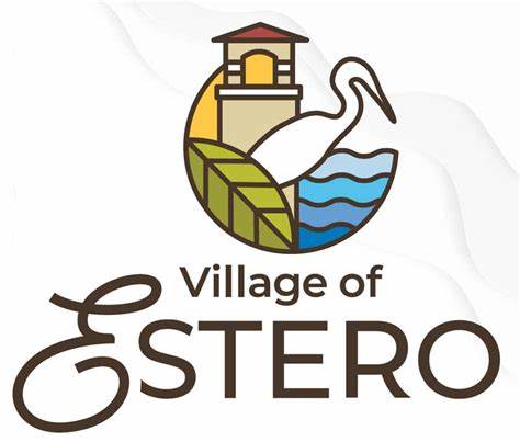 Village of Estero logo with a stylized bird, water, leaf, and building in a circular design above the words Village of Estero..